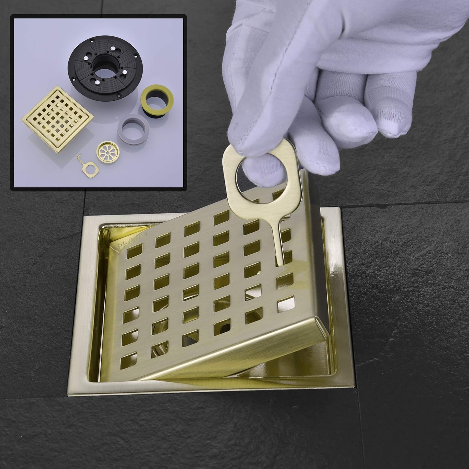 4 Inch Square Shower Drain with Brushed Gold Finish 1
