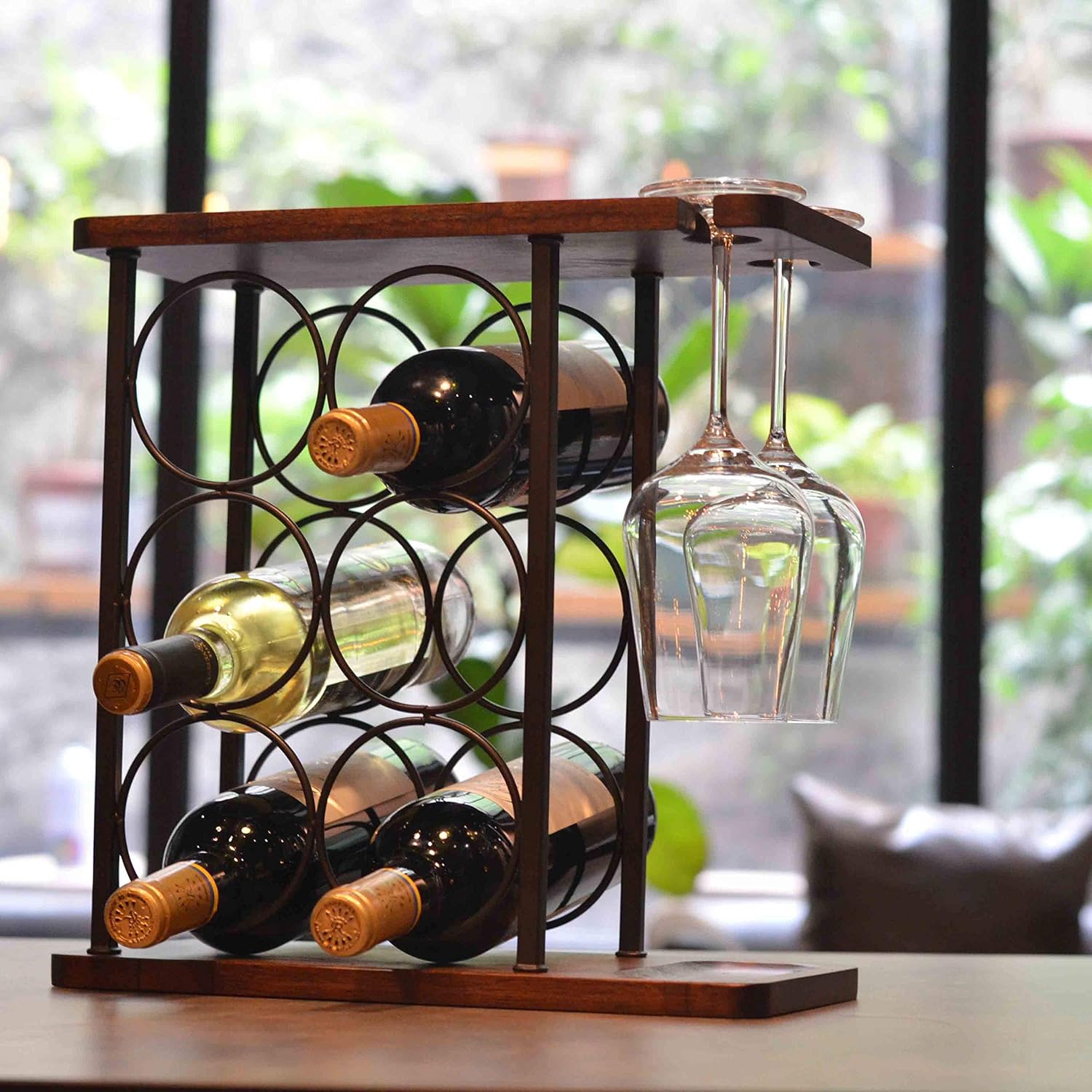SASIDO Wooden Wine Rack with Tray and Glasses Holder