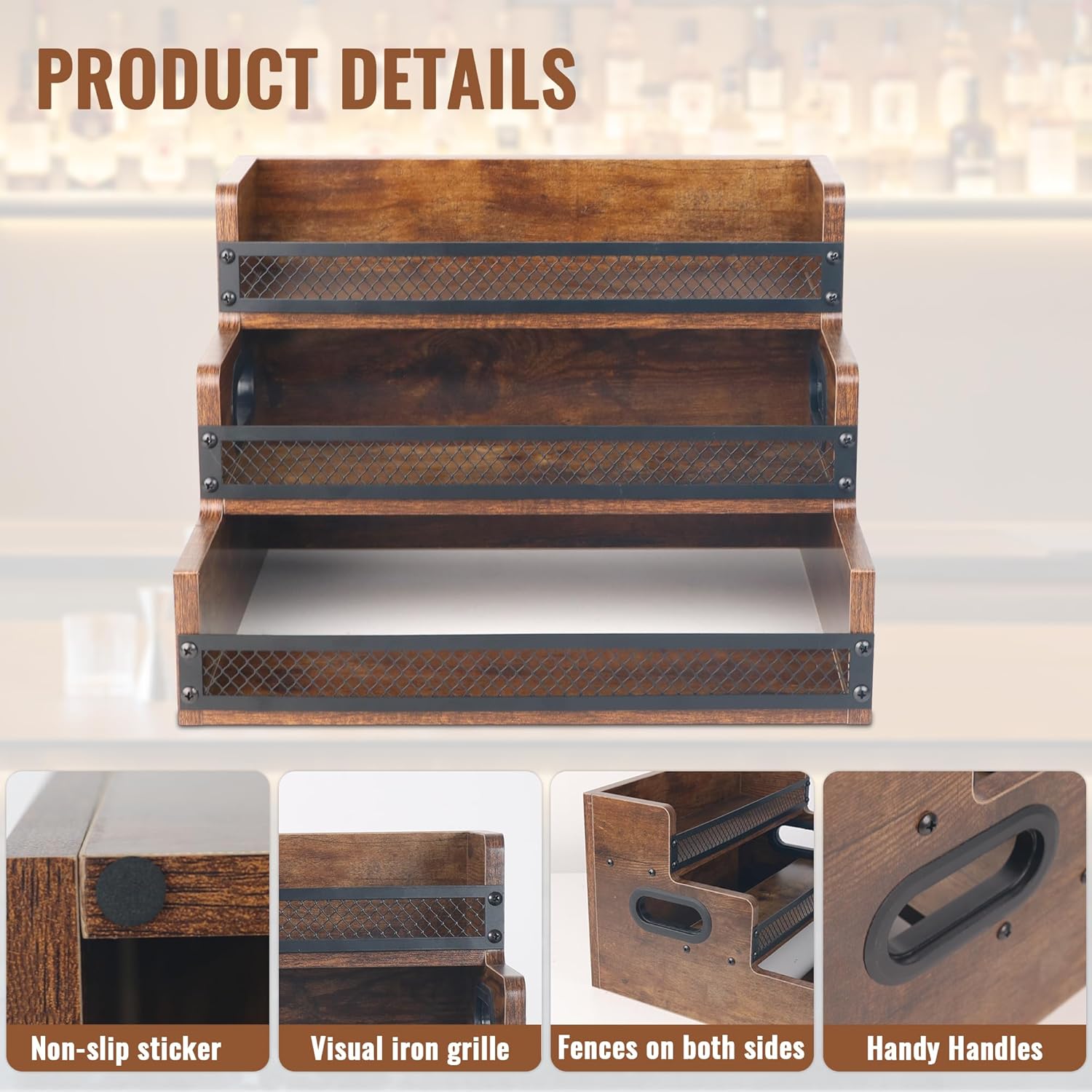 Alyoen 3 Tier Liquor Display Shelf with Fences Handles 1