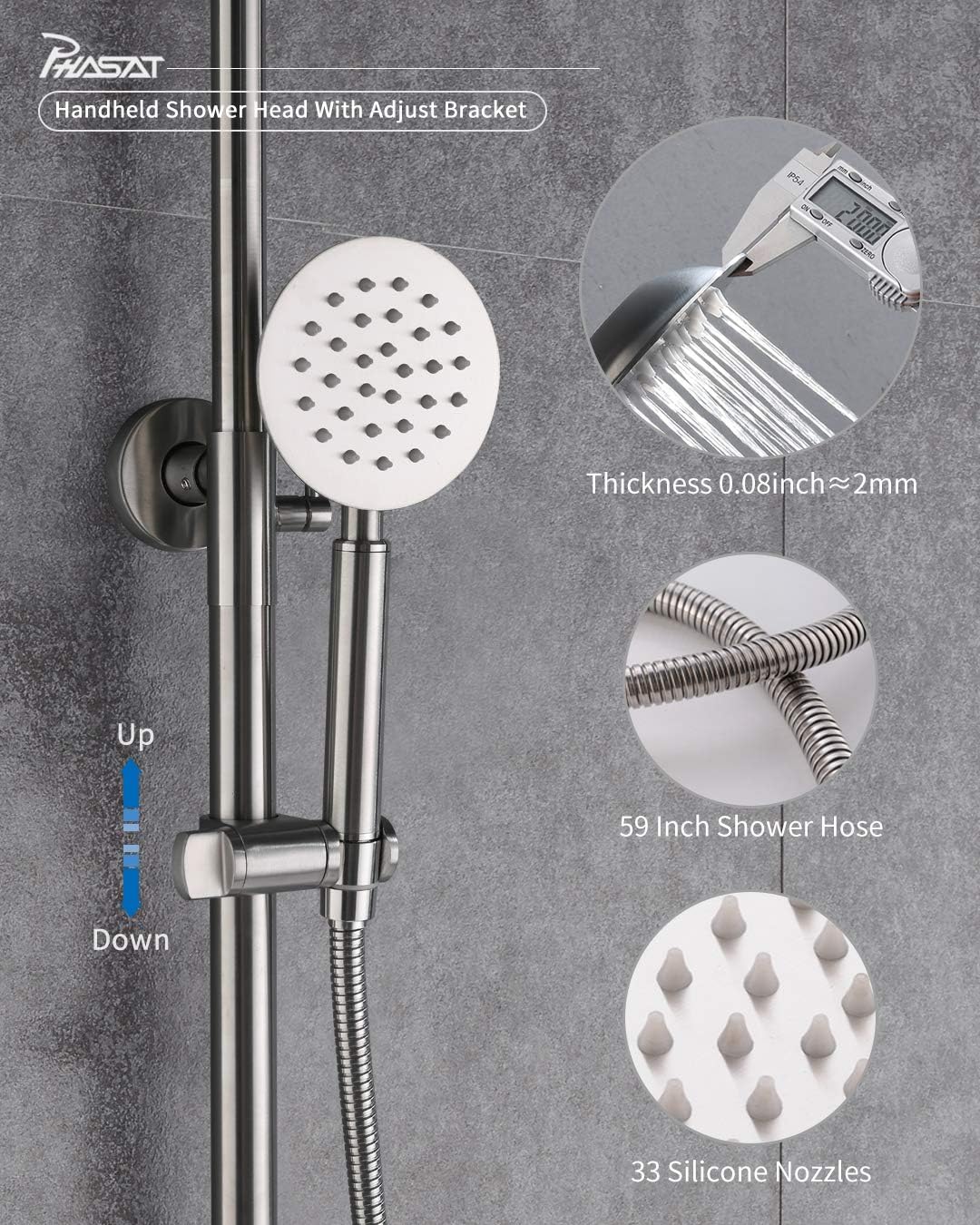PHASAT 304 Stainless Steel 3 Function Shower Set