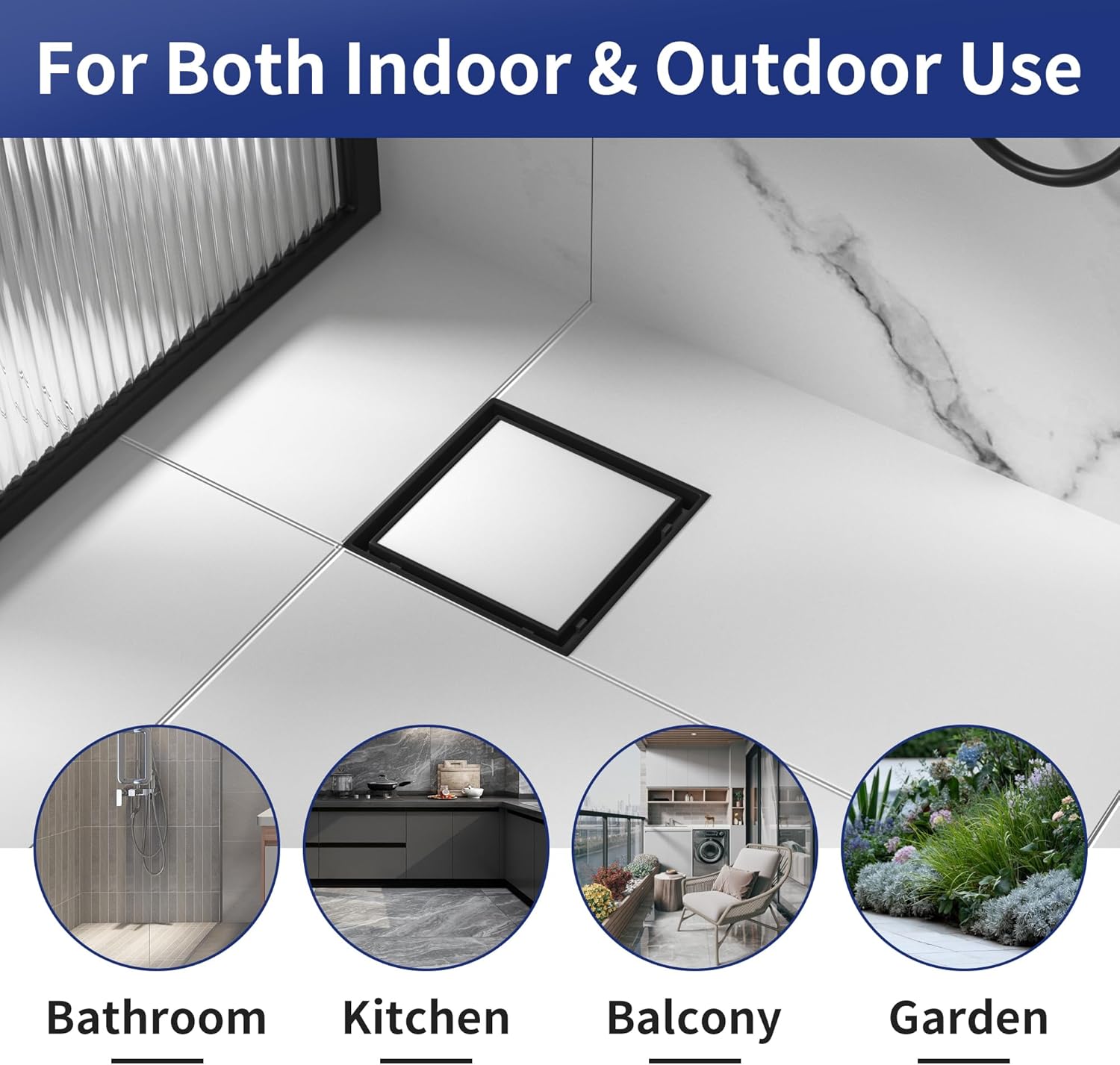 Bernkot Square Shower Drain 6 with 2 PVC Flange Base Matte Black