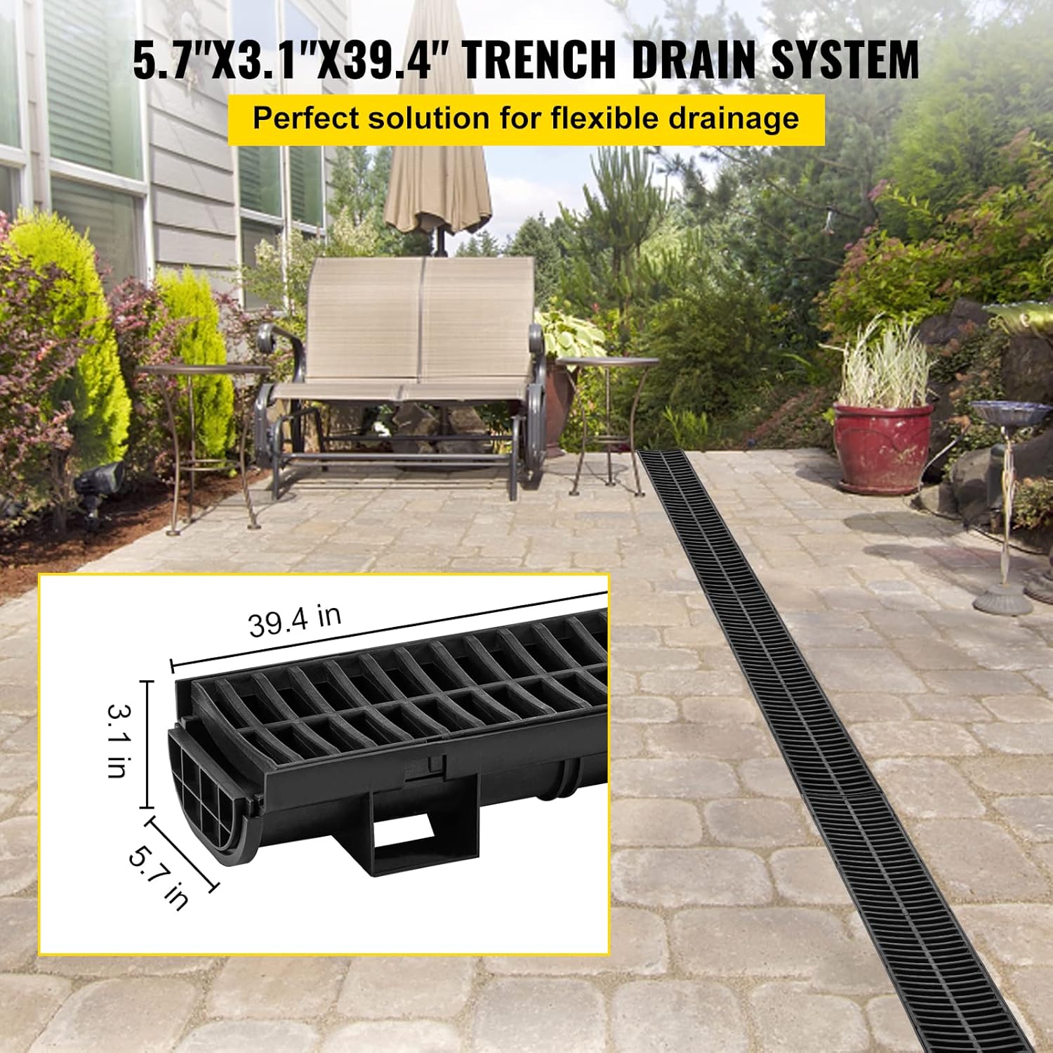 VEVOR Trench Drain System 57x31-Inch HDPE Black 5-Pack