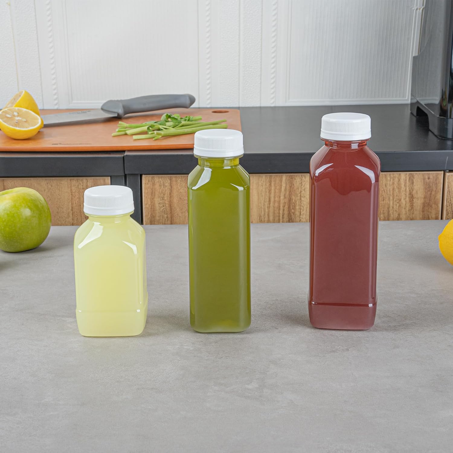 Restaurantware 16 oz Square Juice Bottles with Tamper Evident Cap - 100 Pack