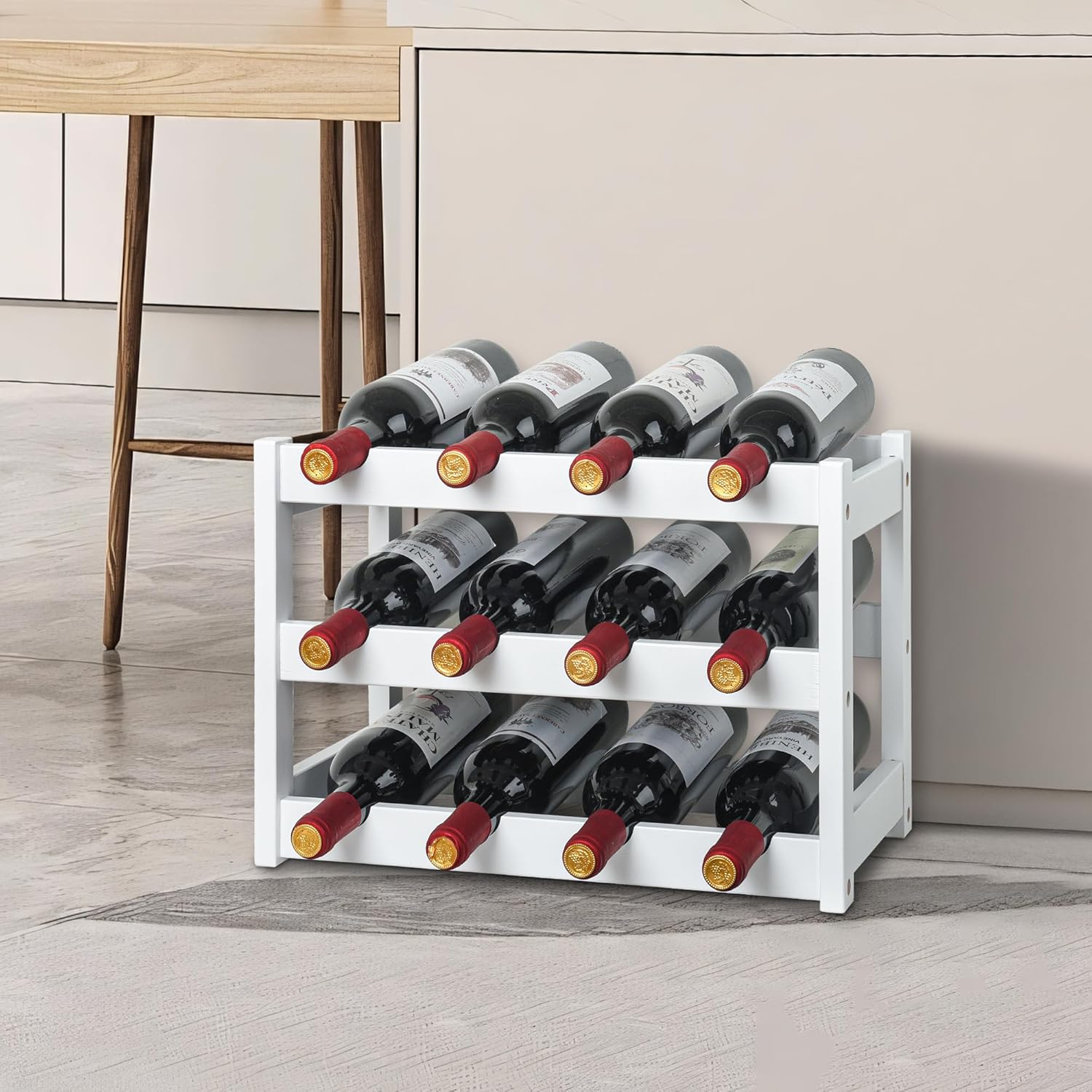 VASMIA Bamboo Wine Rack 12 Bottles 3-Tier White
