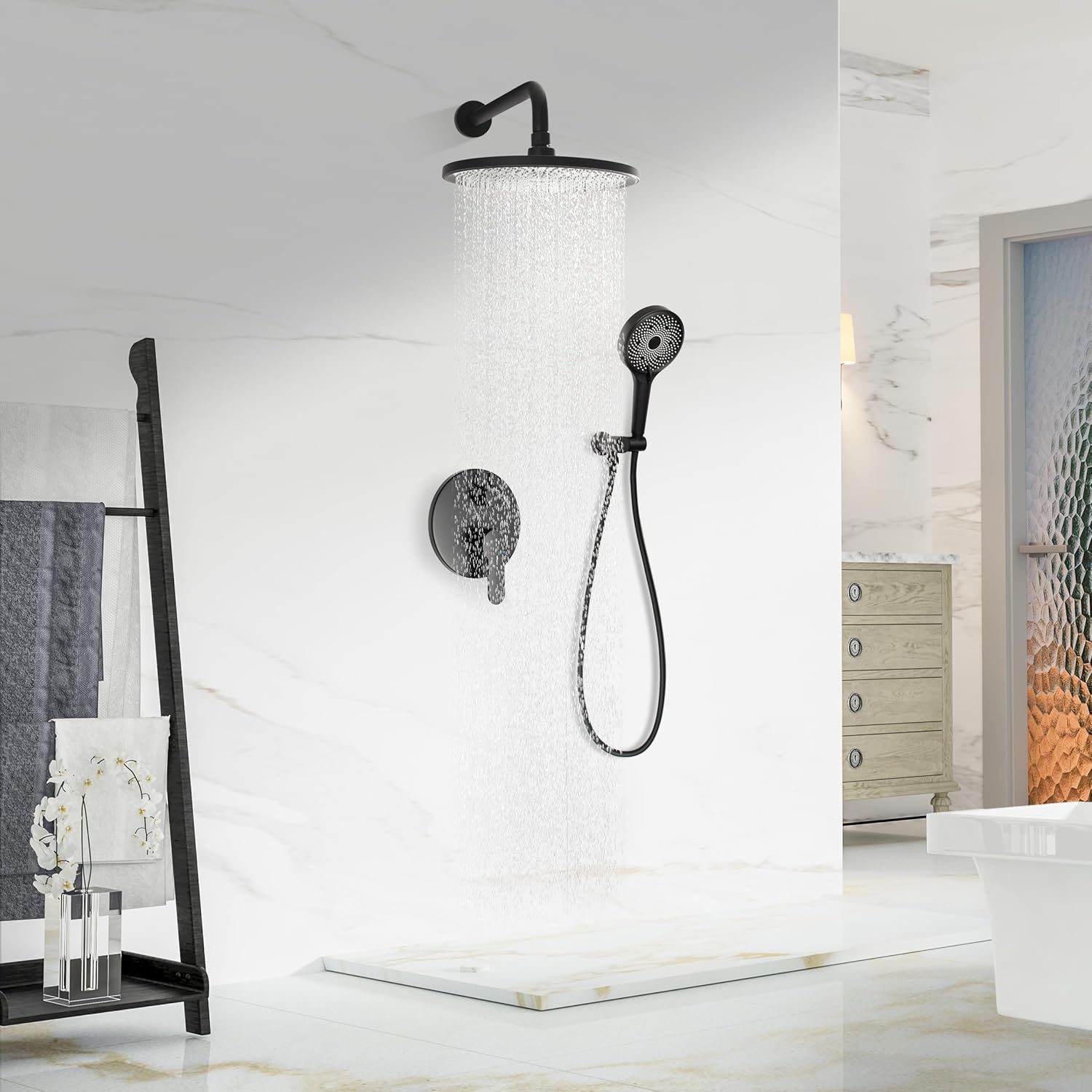 Rainfall Shower System with Handheld Hose and Trim - Matte Black