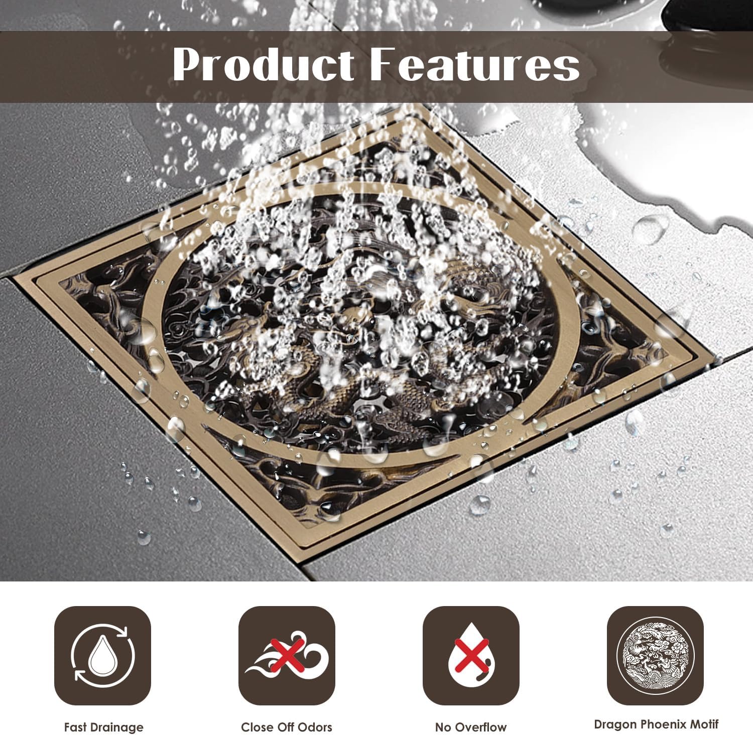Stainless Steel Copper Square Floor Drain with Dragon Phoenix Design