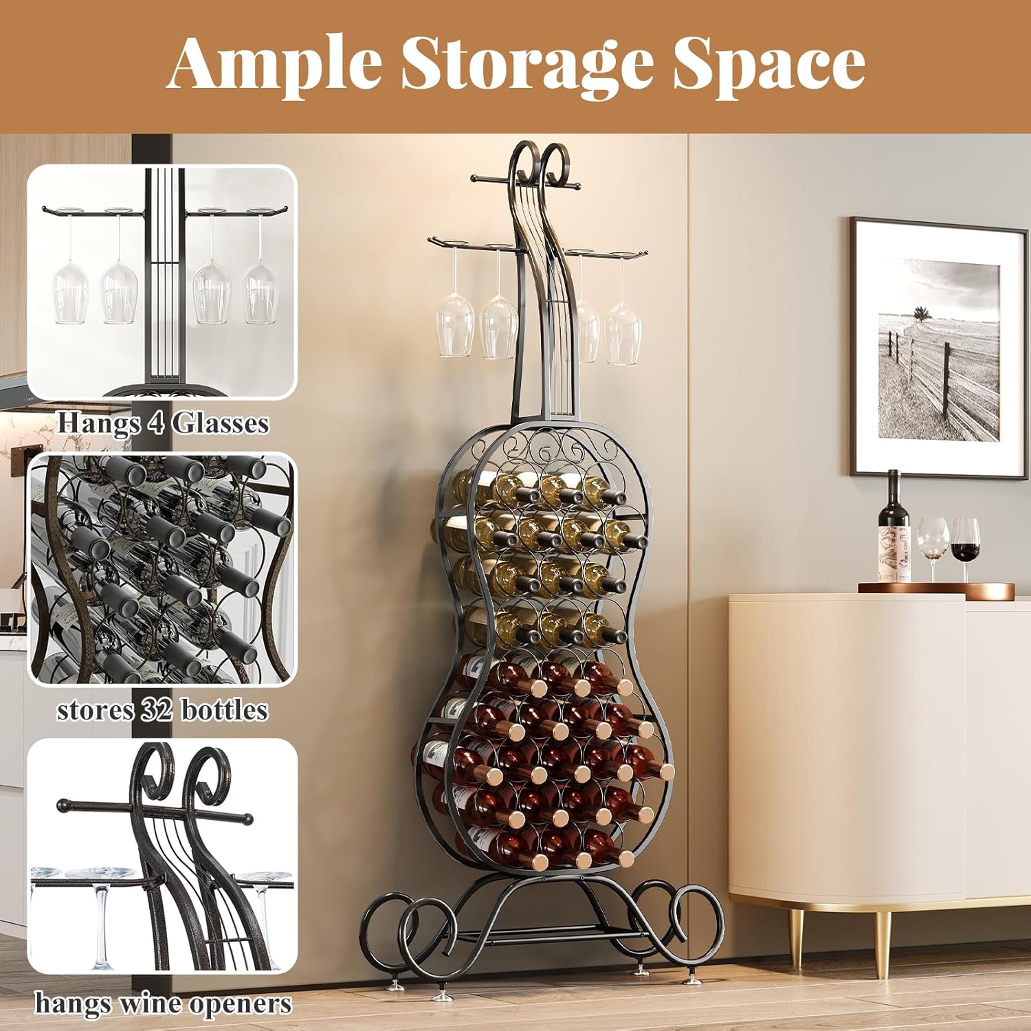 HavenlyYouth 32-Bottle Freestanding Wine Rack - Black Metal Wine Holder
