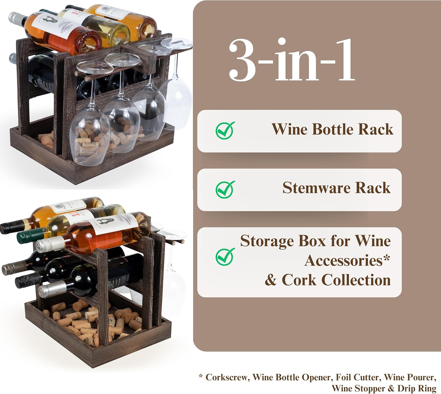 Rustic State Burnt Brown Wood Wine Rack for 6 Bottles 4 Glasses