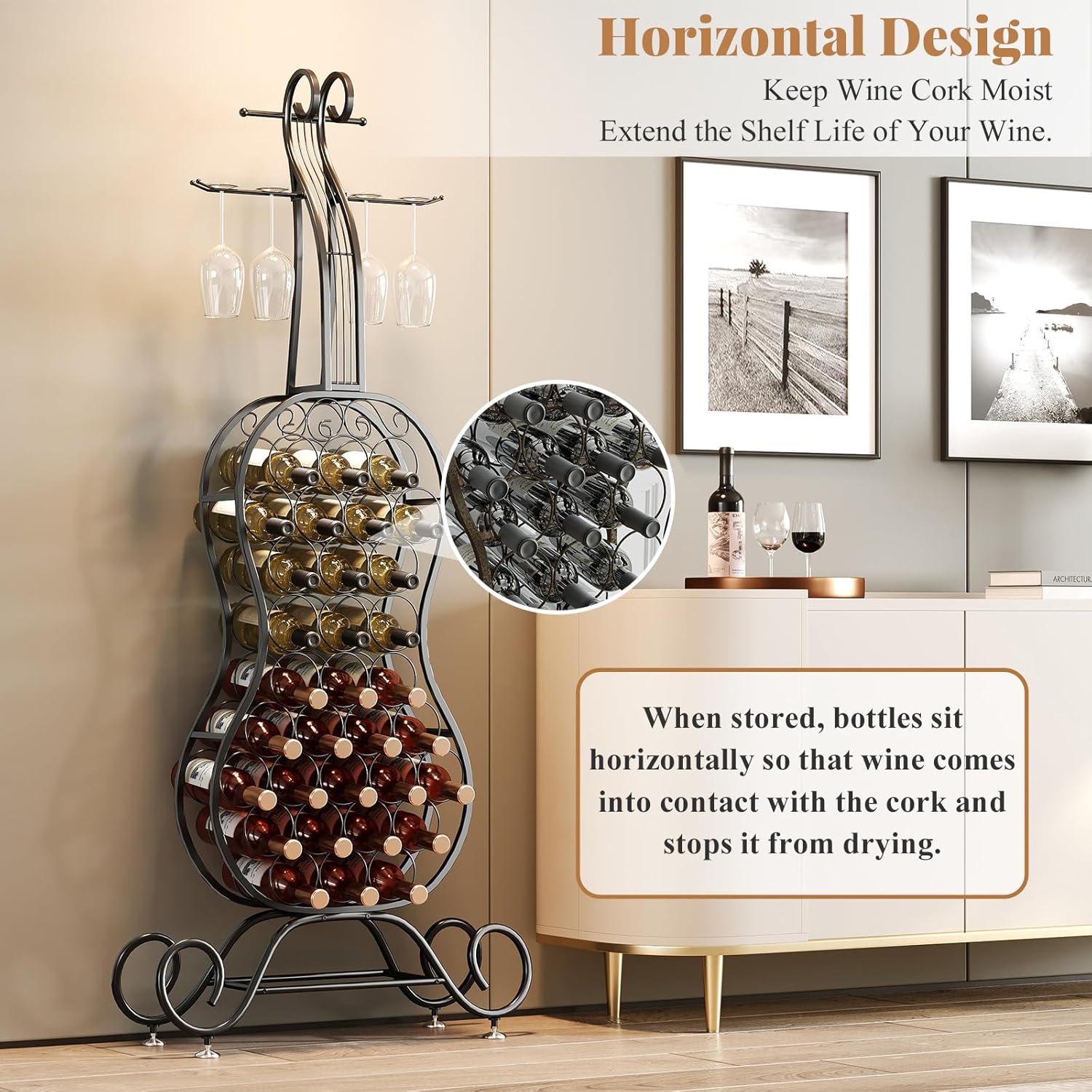 HavenlyYouth 32-Bottle Freestanding Wine Rack - Black Metal Wine Holder