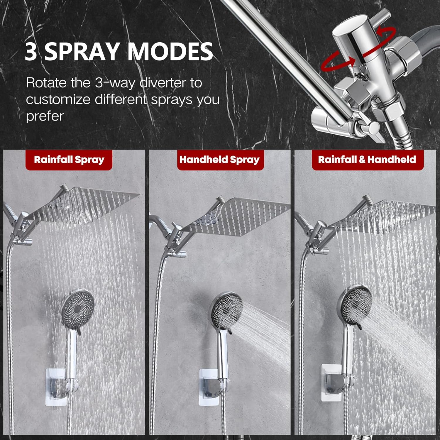 Ashwanth 12 High Pressure Square Shower Combo with 3-Way Diverter 6ft Hose