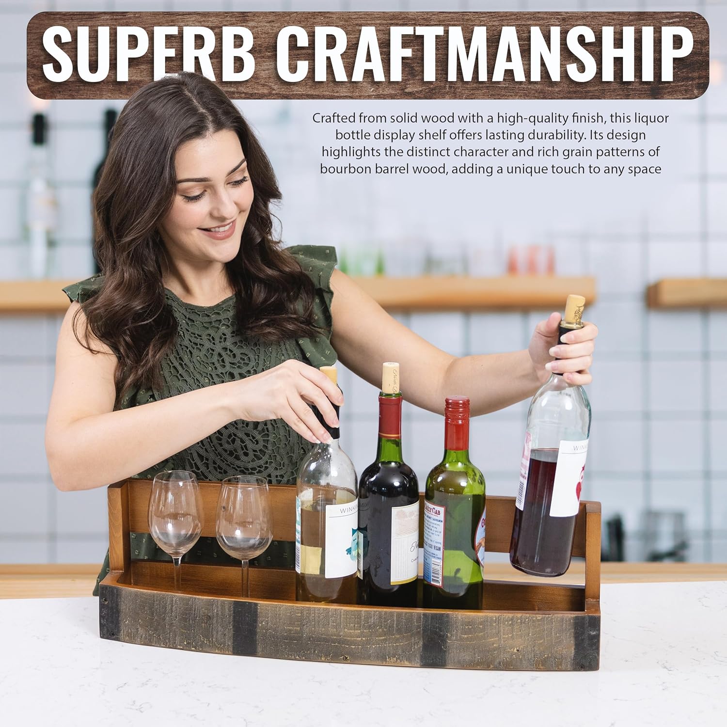 RELODECOR Whiskey Wine Barrel Shelf - Rustic Wall-Mounted Liquor Rack