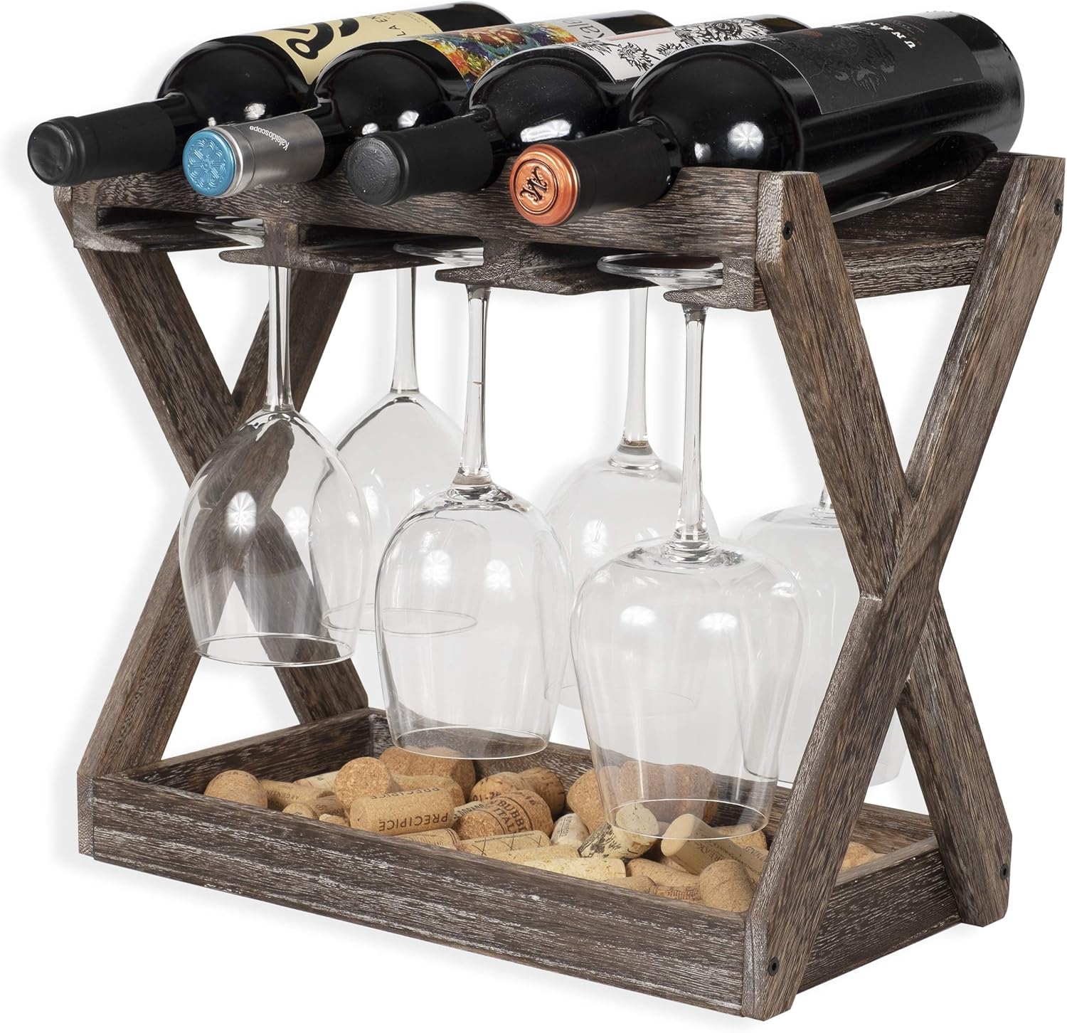 Rustic State Solid Wood Wine Rack for 4 Bottles and 6 Glasses