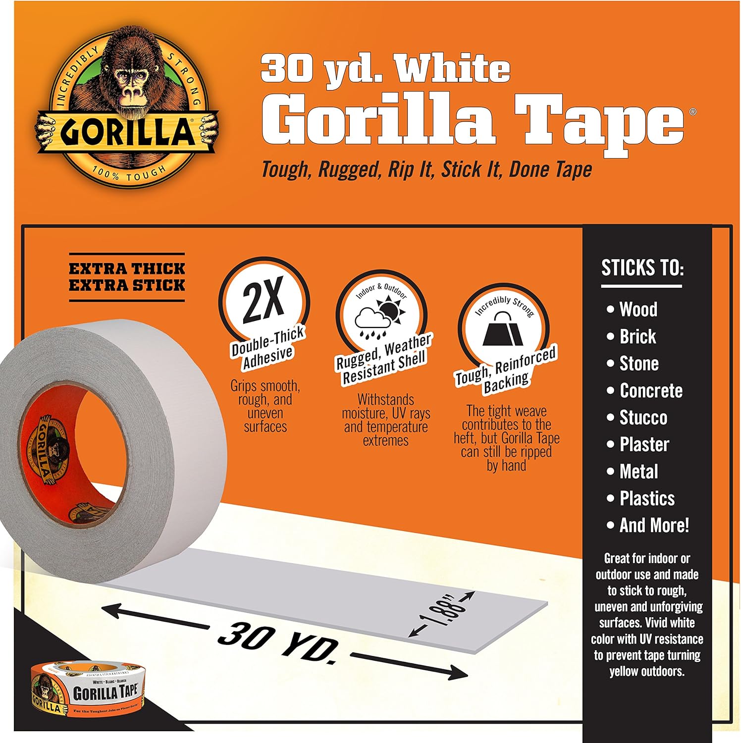 Gorilla White Duct Tape 30 Yard Roll Pack of 2
