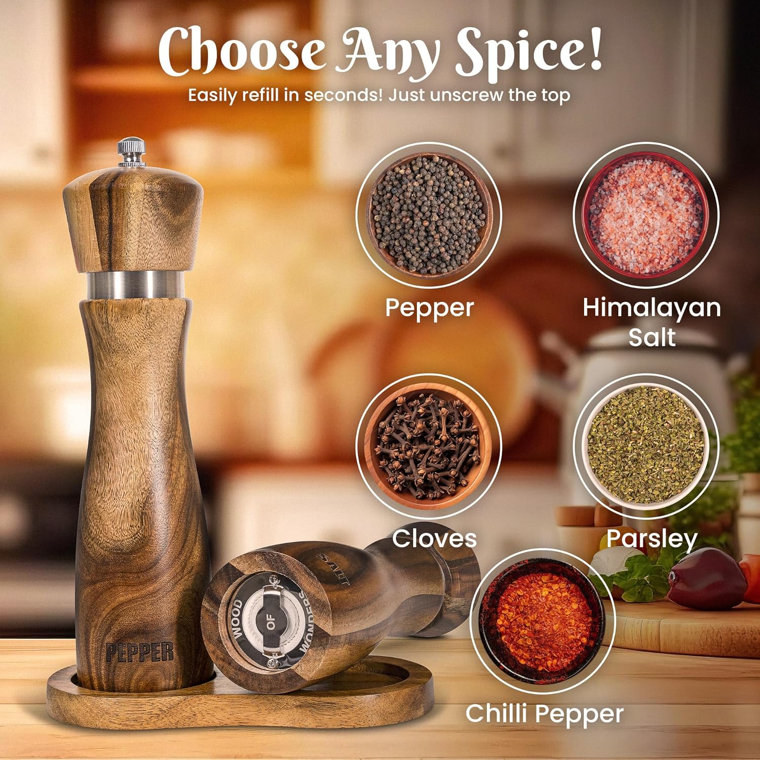 Wooden Salt Pepper Grinder Set 8 Inches