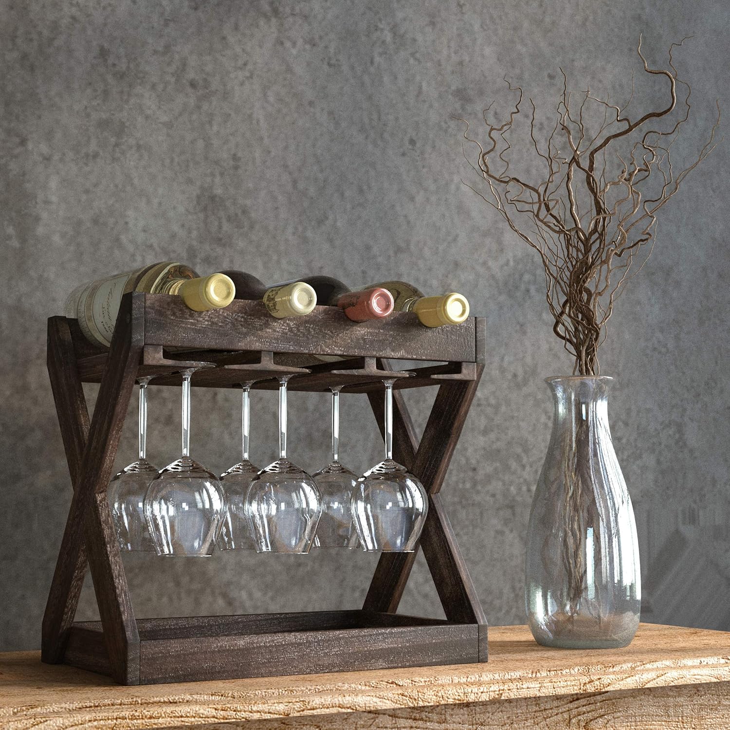 Rustic State Solid Wood Wine Rack for 4 Bottles and 6 Glasses